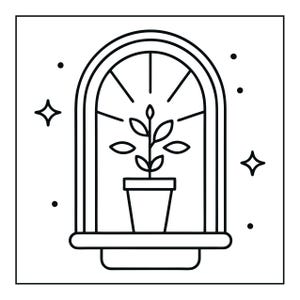 Op de afbeelding: Een zwart-witte lijntekening van een kamerplant in een pot, geplaatst in een boogvormig vensterkozijn. De plant heeft een centrale stengel met symmetrische bladeren. Rondom het venster staan kleine stippen en vierpuntige sterren.