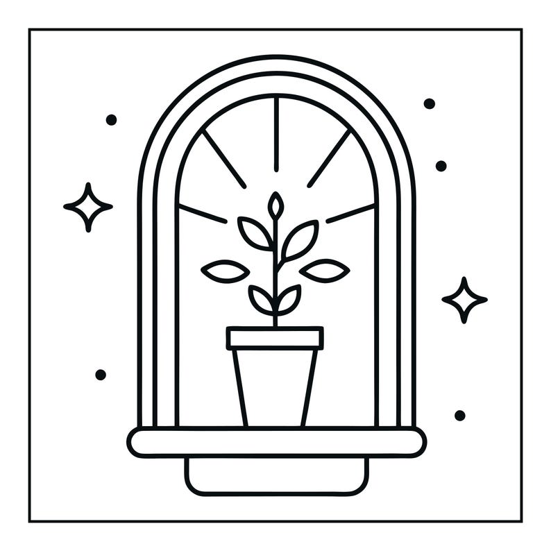 Op de afbeelding: Een zwart-witte lijntekening van een kamerplant in een pot, geplaatst in een boogvormig vensterkozijn. De plant heeft een centrale stengel met symmetrische bladeren. Rondom het venster staan kleine stippen en vierpuntige sterren.