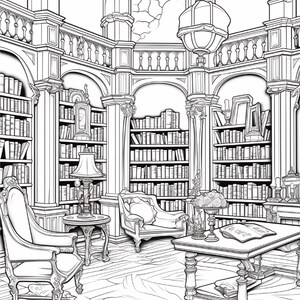 May include: A black and white line art illustration of a library interior featuring tall bookshelves filled with books, ornate columns, a cracked ceiling, a hanging lantern, two armchairs, a side table with a lamp, and a desk with an open book.