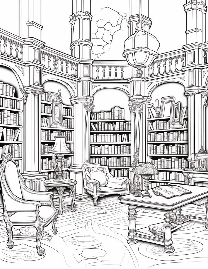 May include: A black and white line art illustration of a library interior featuring tall bookshelves filled with books, ornate columns, a cracked ceiling, a hanging lantern, two armchairs, a side table with a lamp, and a desk with an open book.