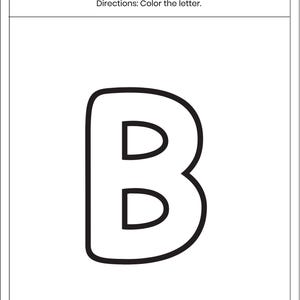 May include: A black and white educational worksheet titled Letter Coloring with the directions Color the letter. The page features a large, bold, outlined uppercase letter B centered in the middle, ready for coloring within the black lines.