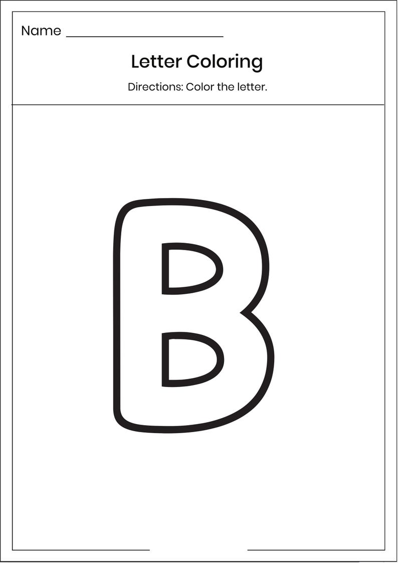 May include: A black and white educational worksheet titled Letter Coloring with the directions Color the letter. The page features a large, bold, outlined uppercase letter B centered in the middle, ready for coloring within the black lines.
