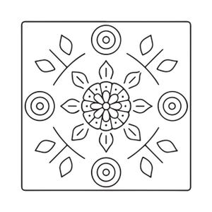 May include: A square tile featuring a black and white line art design. The pattern consists of a central flower surrounded by four circular motifs at the midpoints of each side, with leaf-like shapes positioned in the four corners of the square.