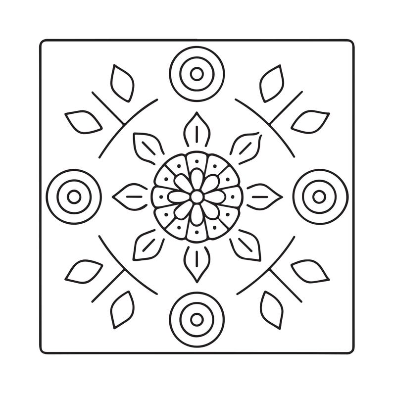 May include: A square tile featuring a black and white line art design. The pattern consists of a central flower surrounded by four circular motifs at the midpoints of each side, with leaf-like shapes positioned in the four corners of the square.