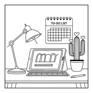 May include: A black and white line art illustration of a desk setup featuring a tablet with a keyboard, a desk lamp, a potted cactus with heart-shaped tops, and a wall-mounted calendar labelled TO-DO LIST, accompanied by a small stylus pen.