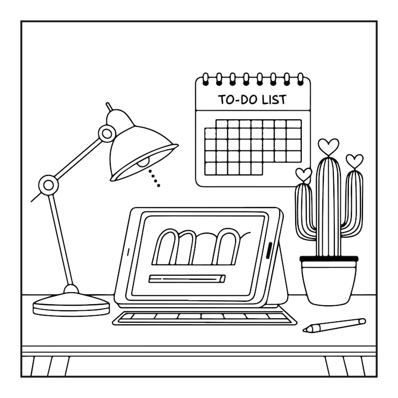May include: A black and white line art illustration of a desk setup featuring a tablet with a keyboard, a desk lamp, a potted cactus with heart-shaped tops, and a wall-mounted calendar labelled TO-DO LIST, accompanied by a small stylus pen.
