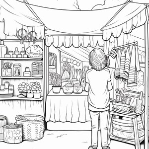 K&ouml;nnte beinhalten: Eine schwarz-wei&szlig;e Strichzeichnung als Malvorlage, die einen Marktstand zeigt. Eine Figur steht vor einem Tisch mit verschiedenen Waren, w&auml;hrend links Regale mit Gl&auml;sern, Pflanzen und K&ouml;rben und rechts h&auml;ngende Kleidungsst&uuml;cke zu sehen sind.