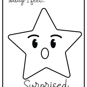 A printable flashcard featuring a surprised star face with wide eyes and open mouth, labeled Today I feel... and Surprised.