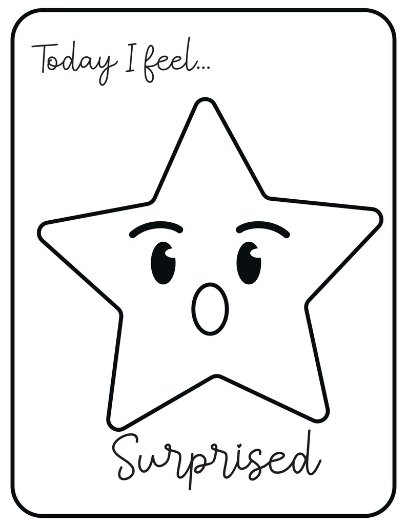 A printable flashcard featuring a surprised star face with wide eyes and open mouth, labeled Today I feel... and Surprised.