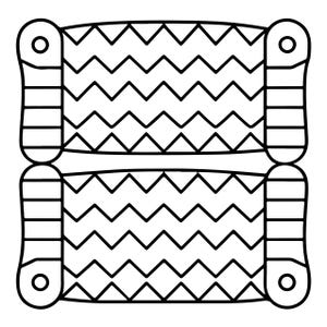 May include: A black and white line art illustration featuring two rectangular shapes stacked vertically. Each shape has a central panel with a repeating zigzag pattern, flanked by two vertical side bars with horizontal lines and circular accents.