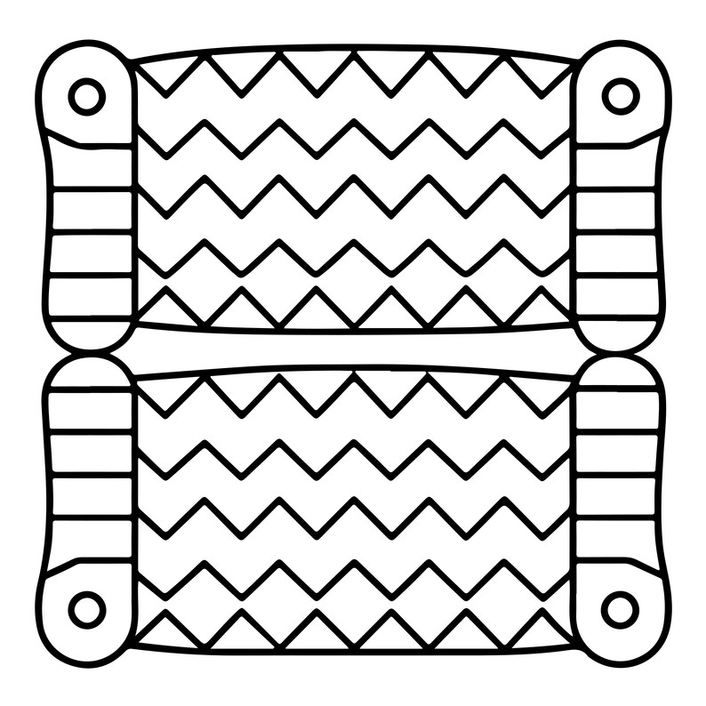 May include: A black and white line art illustration featuring two rectangular shapes stacked vertically. Each shape has a central panel with a repeating zigzag pattern, flanked by two vertical side bars with horizontal lines and circular accents.
