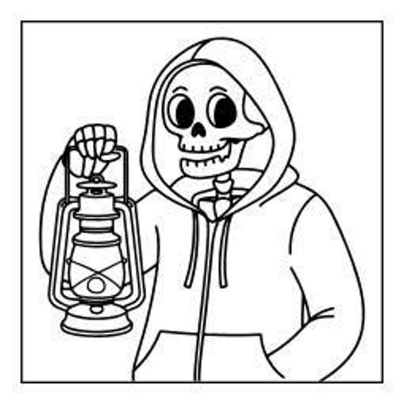 A line drawing of a skeleton wearing a hooded sweatshirt and holding a vintage lantern.