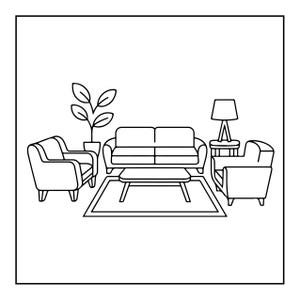 K&ouml;nnte beinhalten: Eine schwarz-wei&szlig;e Strichzeichnung eines Wohnzimmerm&ouml;bel-Sets mit einem Sofa, zwei Sesseln, einem Couchtisch, einem Beistelltisch mit Lampe und einer Topfpflanze. Die Anordnung ist auf einem rechteckigen Teppich mit einfachem Rand zentriert.