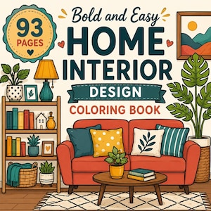 K&ouml;nnte beinhalten: Ein Malbuch-Cover mit dem Titel Bold and Easy HOME INTERIOR DESIGN mit 93 PAGES. Die Illustration zeigt ein rotes Sofa mit gemusterten Kissen, einen h&ouml;lzernen Couchtisch mit B&uuml;chern und einer Pflanze, ein B&uuml;cherregal mit Dekor und eine gro&szlig;e Pflanze.