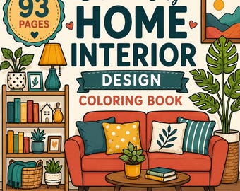 93-Page Home Interior Design Coloring Book, Cozy Decor, Bold Easy Pages (Digital Download)