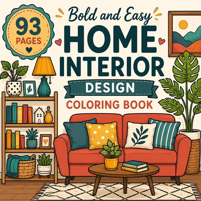 K&ouml;nnte beinhalten: Ein Malbuch-Cover mit dem Titel Bold and Easy HOME INTERIOR DESIGN mit 93 PAGES. Die Illustration zeigt ein rotes Sofa mit gemusterten Kissen, einen h&ouml;lzernen Couchtisch mit B&uuml;chern und einer Pflanze, ein B&uuml;cherregal mit Dekor und eine gro&szlig;e Pflanze.