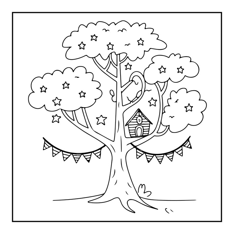 May include: A black and white line art illustration of a tree with a small house nestled in its branches. The tree canopy is decorated with multiple star shapes, and a string of triangular bunting flags hangs between the lower branches.
