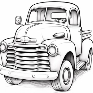 May include: A black and white line art illustration of a vintage pickup truck. The vehicle features a prominent horizontal grille, rounded fenders, a single side mirror, and a steering wheel visible through the windscreen. The design is clean.