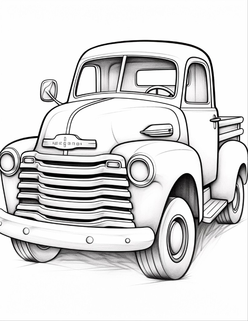 May include: A black and white line art illustration of a vintage pickup truck. The vehicle features a prominent horizontal grille, rounded fenders, a single side mirror, and a steering wheel visible through the windscreen. The design is clean.