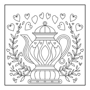 A black and white coloring page of a decorative teapot surrounded by a wreath of leaves and hearts.