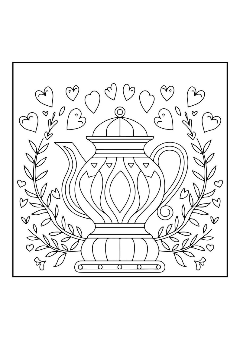 A black and white coloring page of a decorative teapot surrounded by a wreath of leaves and hearts.