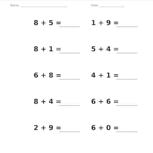 May include: A white educational worksheet titled Addition &bull; Single Digit with a gray header. It features ten single-digit addition problems with blank lines for answers, plus spaces for a name and date. The footer reads Single Digit Addition Practice and Page 6 of 100.