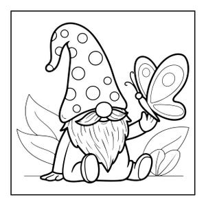May include: A black and white line art illustration of a gnome wearing a tall, polka-dot hat and a long beard. The gnome is sitting down and holding a butterfly with its hand. Large leaves are visible in the background behind the gnome.