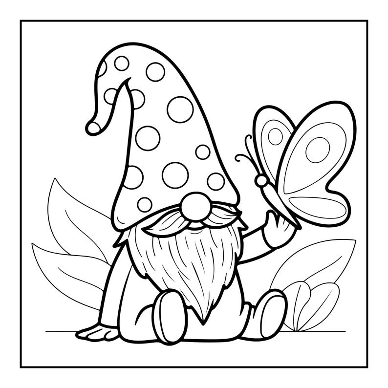 May include: A black and white line art illustration of a gnome wearing a tall, polka-dot hat and a long beard. The gnome is sitting down and holding a butterfly with its hand. Large leaves are visible in the background behind the gnome.