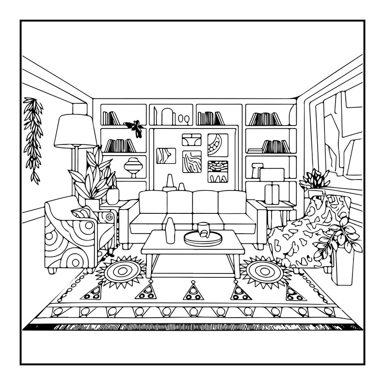 K&ouml;nnte beinhalten: Eine schwarz-wei&szlig;e Strichzeichnung eines Wohnzimmers mit Sofa, zwei Sesseln, einem Couchtisch und einem gemusterten Teppich. Der Raum enth&auml;lt eingebaute B&uuml;cherregale mit B&uuml;chern und Dekoration, eine Stehlampe sowie mehrere Topfpflanzen.