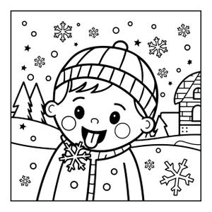 May include: A black and white line art colouring page featuring a child wearing a knit hat and coat, sticking their tongue out to catch a falling snowflake. The scene includes a snowy landscape with pine trees, a small house, and falling snowflakes.