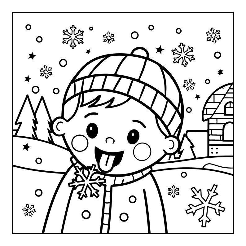 May include: A black and white line art colouring page featuring a child wearing a knit hat and coat, sticking their tongue out to catch a falling snowflake. The scene includes a snowy landscape with pine trees, a small house, and falling snowflakes.