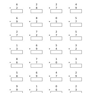 May include: A black and white educational worksheet titled Math - Addition Single Digit, featuring a grid of twenty-four single-digit addition problems arranged in four columns, each with a blank rectangular box for writing the sum.