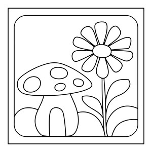 Peut inclure: Une illustration en noir et blanc au trait repr&eacute;sentant un champignon avec un chapeau &agrave; pois et une grande fleur aux p&eacute;tales arrondis. Le motif est encadr&eacute; par une bordure carr&eacute;e, pr&eacute;sentant des contours nets adapt&eacute;s au coloriage ou au graphisme.