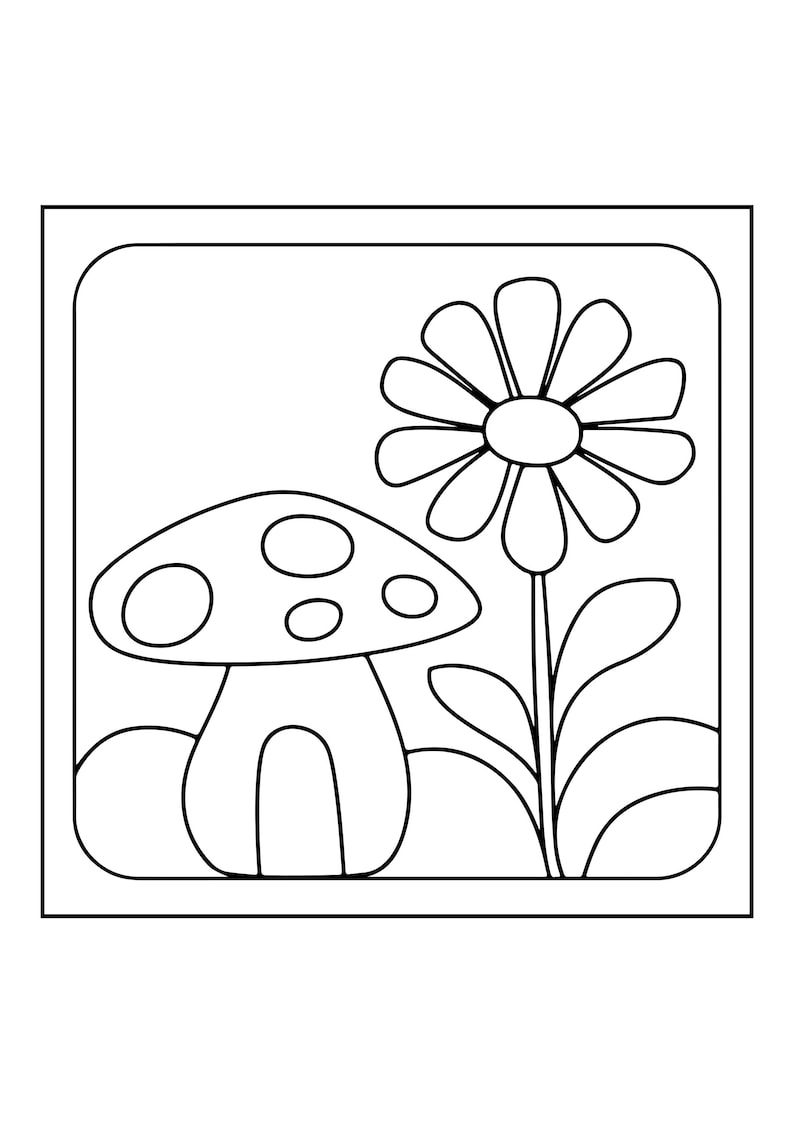 Peut inclure: Une illustration en noir et blanc au trait repr&eacute;sentant un champignon avec un chapeau &agrave; pois et une grande fleur aux p&eacute;tales arrondis. Le motif est encadr&eacute; par une bordure carr&eacute;e, pr&eacute;sentant des contours nets adapt&eacute;s au coloriage ou au graphisme.