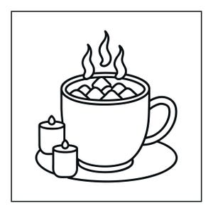May include: A black and white line art illustration of a mug filled with a hot beverage topped with marshmallows, featuring steam rising from the top. Two small cylindrical candles are positioned next to the mug on a circular saucer.