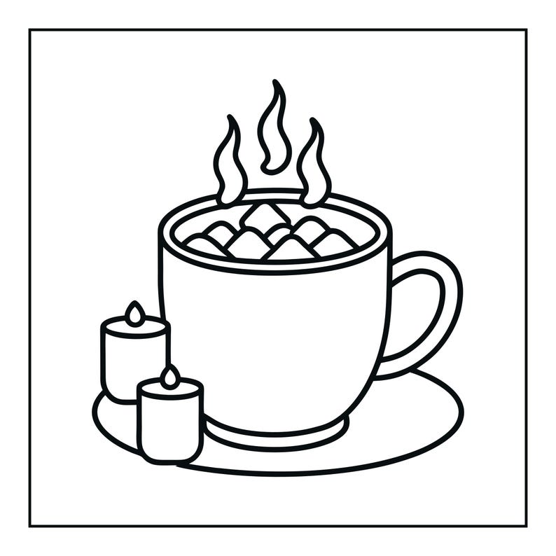 May include: A black and white line art illustration of a mug filled with a hot beverage topped with marshmallows, featuring steam rising from the top. Two small cylindrical candles are positioned next to the mug on a circular saucer.