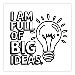 Pu&ograve; includere: Un'illustrazione grafica in bianco e nero che presenta una lampadina con linee radianti e il testo I AM FULL OF BIG IDEAS. Il design utilizza contorni spessi e uno stile pulito ad alto contrasto per varie applicazioni creative.