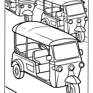 Puede incluir: Una ilustraci&oacute;n de arte lineal en blanco y negro que muestra tres triciclos motorizados, tambi&eacute;n conocidos como tuk-tuks, dispuestos en una escena callejera. Cada veh&iacute;culo tiene un techo, una rueda delantera, dos traseras y asientos.