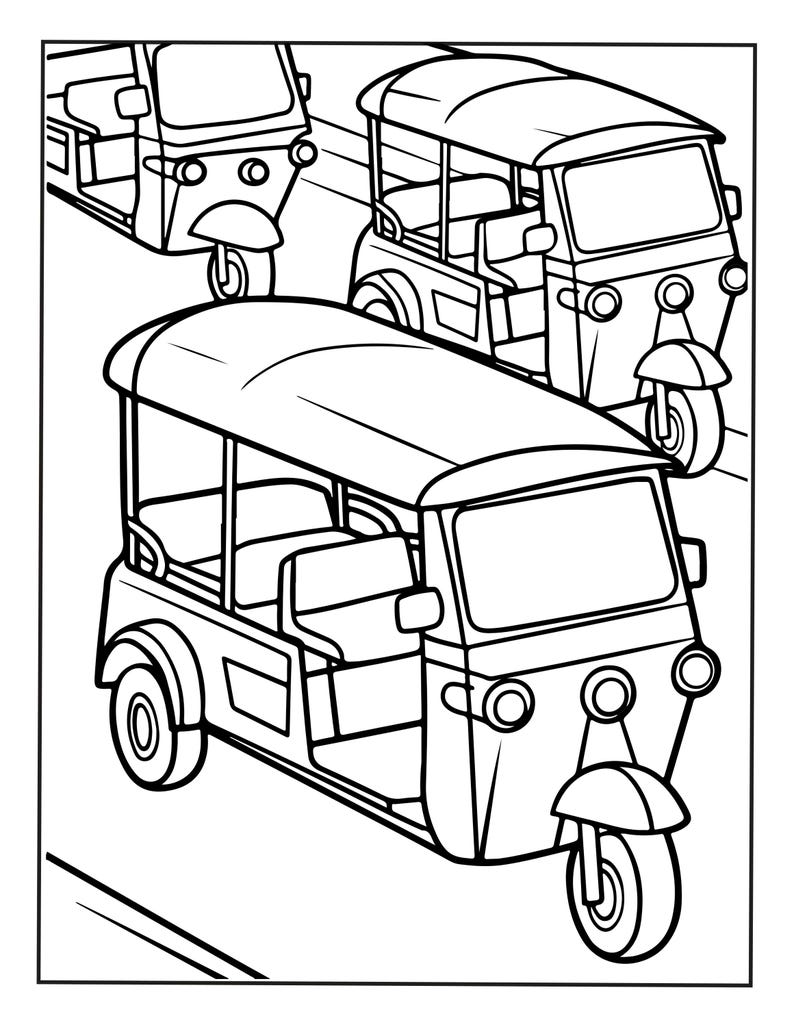 Puede incluir: Una ilustraci&oacute;n de arte lineal en blanco y negro que muestra tres triciclos motorizados, tambi&eacute;n conocidos como tuk-tuks, dispuestos en una escena callejera. Cada veh&iacute;culo tiene un techo, una rueda delantera, dos traseras y asientos.
