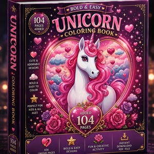 以下が含まれることがあります： 「Bold & Easy Unicorn Coloring Book」というタイトルの塗り絵。表紙には、ピンクのたてがみを持つ白いユニコーンがハート型のフレームの中に描かれており、周囲にはピンクのバラ、ハート、雲が配置されています。表紙には104ページと記載されています。