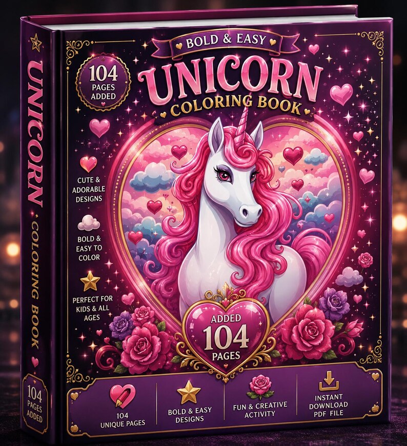 以下が含まれることがあります： 「Bold & Easy Unicorn Coloring Book」というタイトルの塗り絵。表紙には、ピンクのたてがみを持つ白いユニコーンがハート型のフレームの中に描かれており、周囲にはピンクのバラ、ハート、雲が配置されています。表紙には104ページと記載されています。