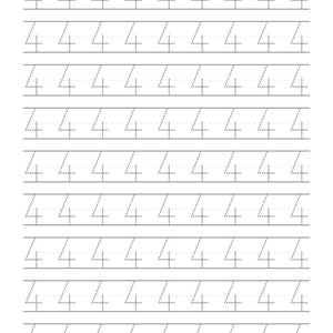 May include: A white educational worksheet featuring nine horizontal rows of the number four written in a dotted line font. Each row contains seven instances of the number four, designed for handwriting practice on standard lined paper.