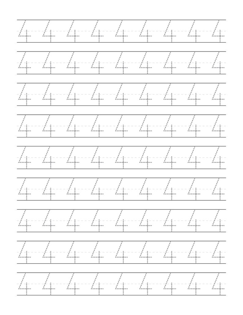 May include: A white educational worksheet featuring nine horizontal rows of the number four written in a dotted line font. Each row contains seven instances of the number four, designed for handwriting practice on standard lined paper.