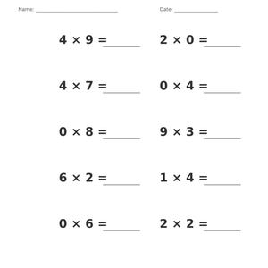 May include: A white educational worksheet titled Multiplication &bull; Single Digit with blank lines for Name and Date. It features ten maths problems including 4x9, 2x0, 4x7, 0x4, 0x8, 9x3, 6x2, 1x4, 0x6, and 2x2. The bottom text reads Multiplication &bull; Single Digit Practice and Page 18 of 100.