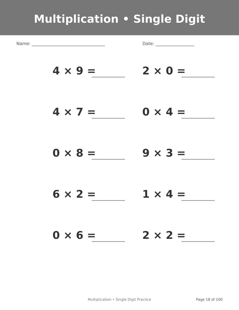 May include: A white educational worksheet titled Multiplication &bull; Single Digit with blank lines for Name and Date. It features ten maths problems including 4x9, 2x0, 4x7, 0x4, 0x8, 9x3, 6x2, 1x4, 0x6, and 2x2. The bottom text reads Multiplication &bull; Single Digit Practice and Page 18 of 100.