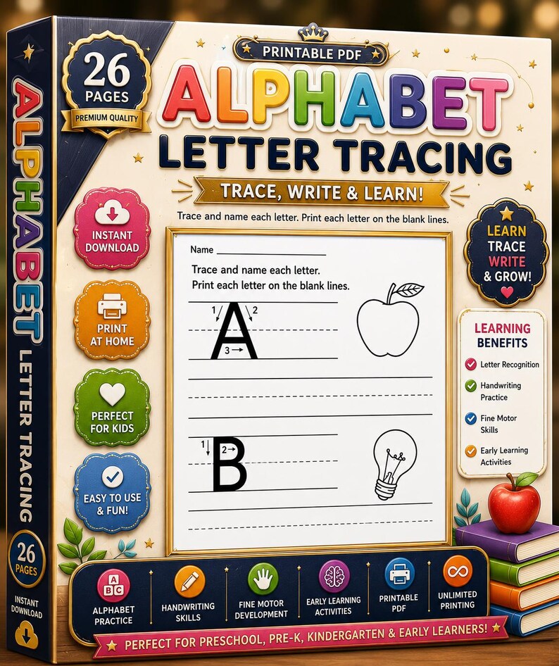 May include: A printable PDF alphabet letter tracing workbook featuring 26 pages. The cover displays the text ALPHABET LETTER TRACING, TRACE, WRITE & LEARN, and shows a sample worksheet with letters A and B, an apple, and a lightbulb illustration.