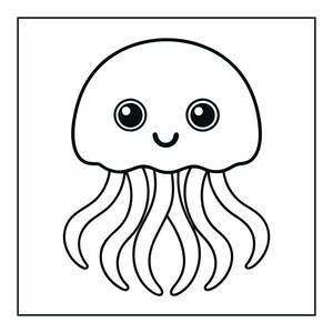 May include: A black and white line art illustration of a jellyfish with a rounded bell, large circular eyes, and a small curved mouth. The jellyfish has several long, wavy tentacles hanging downwards, presented as a simple graphic design.