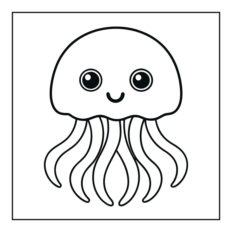 May include: A black and white line art illustration of a jellyfish with a rounded bell, large circular eyes, and a small curved mouth. The jellyfish has several long, wavy tentacles hanging downwards, presented as a simple graphic design.