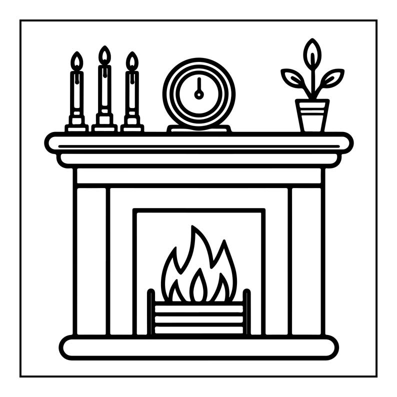 May include: A black and white line art illustration of a fireplace with a burning fire inside. On the mantel, there are three candles, a circular clock with a single hand, and a small potted plant with three leaves in a simple container.