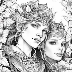 May include: A black and white line art illustration featuring two figures with long hair, wearing ornate headpieces and detailed collars, framed by large flowers and leaves. The figures have defined facial features and are positioned close together.